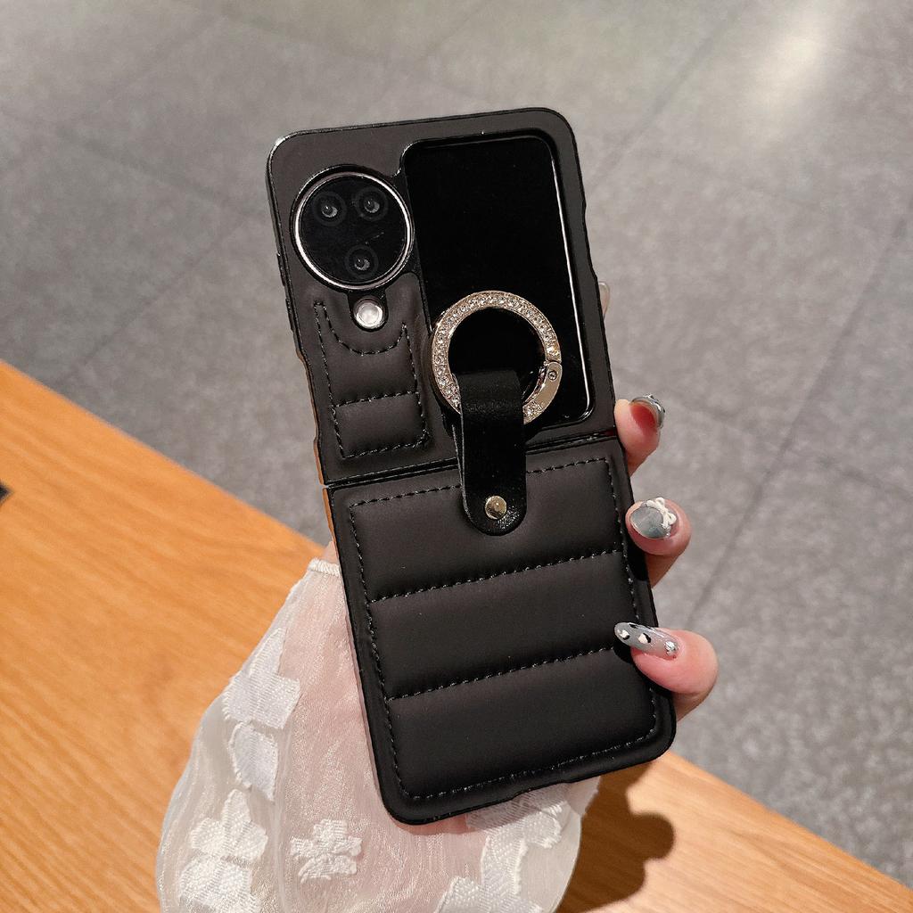 For Oppo Find N3 Flip 5G Case Down Jacket Style Rhinestone Decor Ring Holder Leather Coated PC Phone Cover