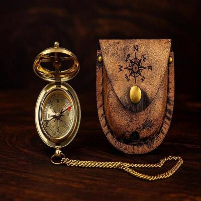 Brass Sundial Compass Pocket Travel Compass with Leather Cover