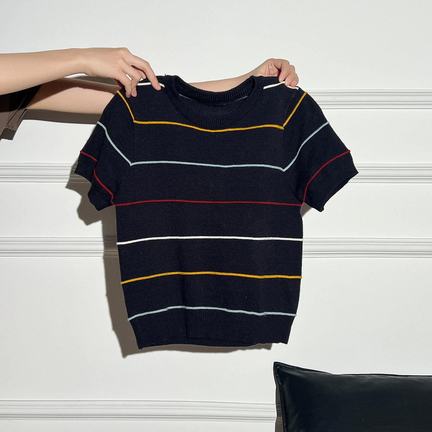 Striped Crew Neck Front Shoulder Short Sleeve Knitted Bottom Shirt Women s Spring Grey Slim Skinny Top M чёрный