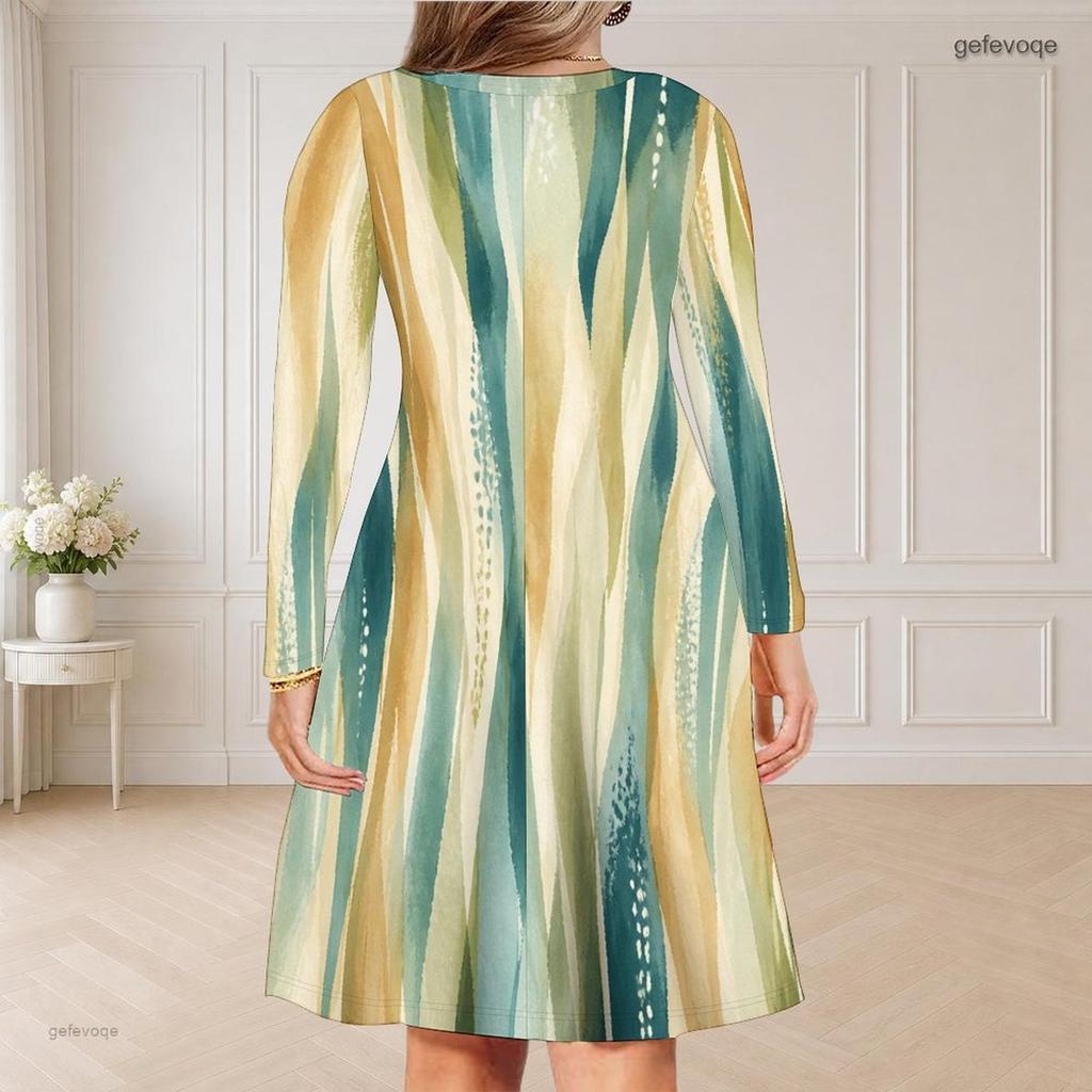 Women Plus Size V Neck Long Sleeve Blue Printed Curved Hem Dress