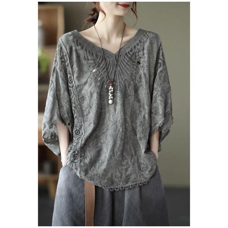 Damen Neu Stickerei Oberbekleidung Schal Sonnenschutz Bluse Damen Ausgeschnitten Spitze Oberteil Locker Lässig Einfaches Hemd Süß V-Ausschnitt Elegante Kleidung
