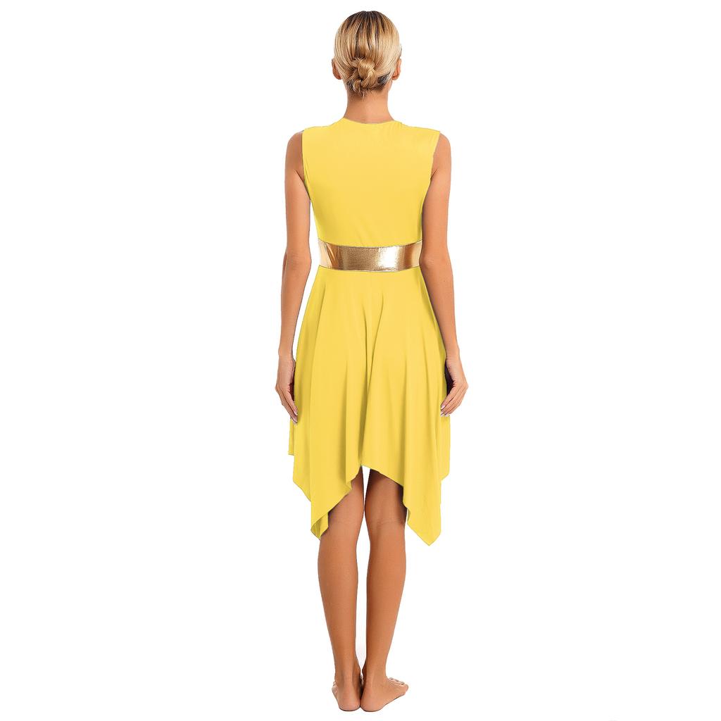 Womens Party Dance Dress V Neck Sleeveless Color Block Patchwork Irregular Hem Performance Outfit
