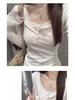 Korean Style Autumn Floral Lace Color-Block Button Shirt: Women's Long Sleeve Two-Piece T-shirt