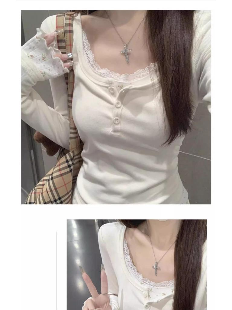 Korean Style Autumn Floral Lace Color-Block Button Shirt: Women's Long Sleeve Two-Piece T-shirt