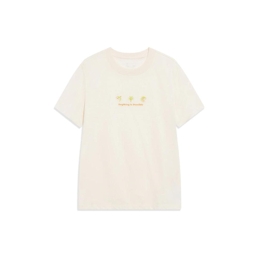 Li Ning Embroidered Print Round Neck Short Sleeve T-Shirt Women Tops Off-White AHST236-2