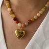 Bohemia Multicolor Stone Handmade Beaded Chain Gold Plated Heart Pendant Necklace for Women