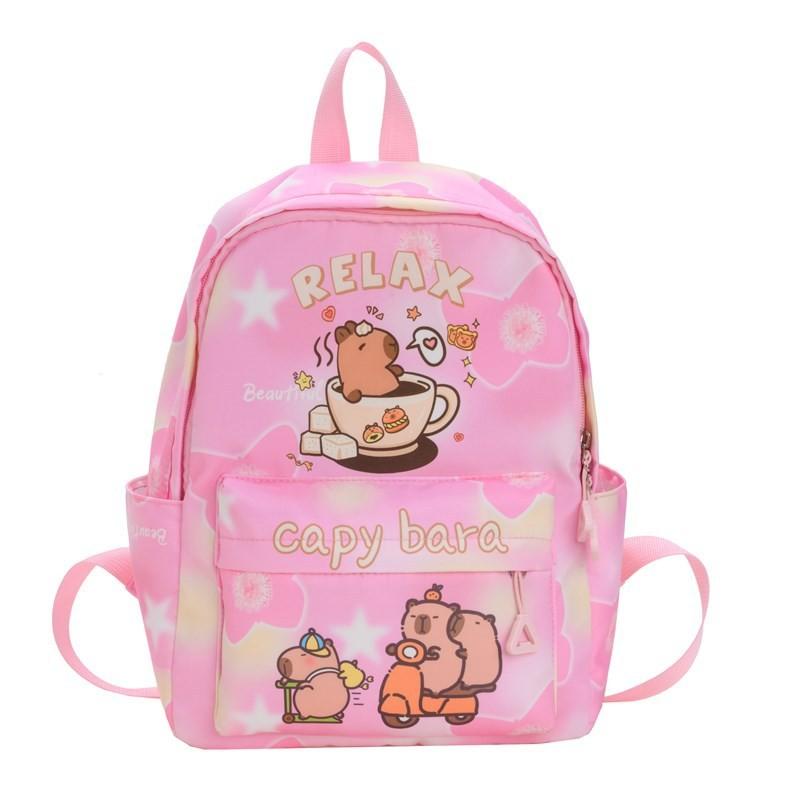 Cute Girl Backpack Featuring Cartoon Capybara Pattern And Ergonomic Shoulder Straps For Elementary Students