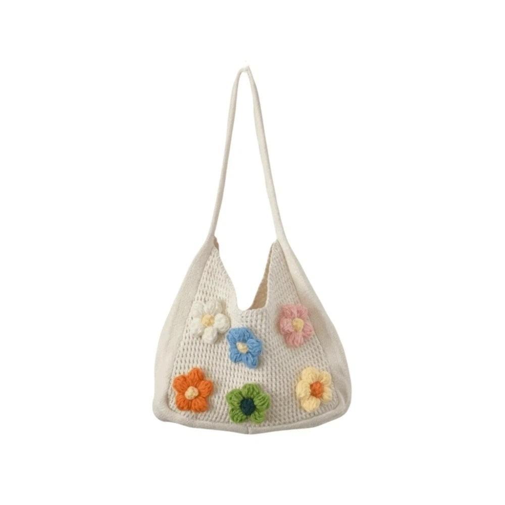 with Crochet Flowers Knitted Tote Bag Sweet Seaside Vacation Handbag Crochet Shoulder Bag  Female абрикосовый