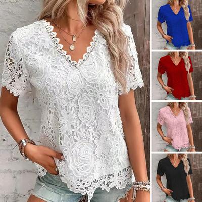 Women Summer T-shirt V-neck Short Sleeve Casual Tee Shirt Hollow Embroidery Lace Pullover Tops Streetwear