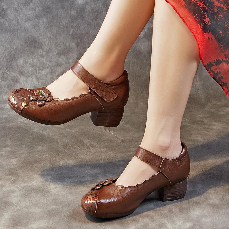 New Women's Shoes Spring and Autumn Thick Heel Soft Sole Cowhide Small Leather Shoes Mother Non-slip Wear-resistant Single Shoes Women