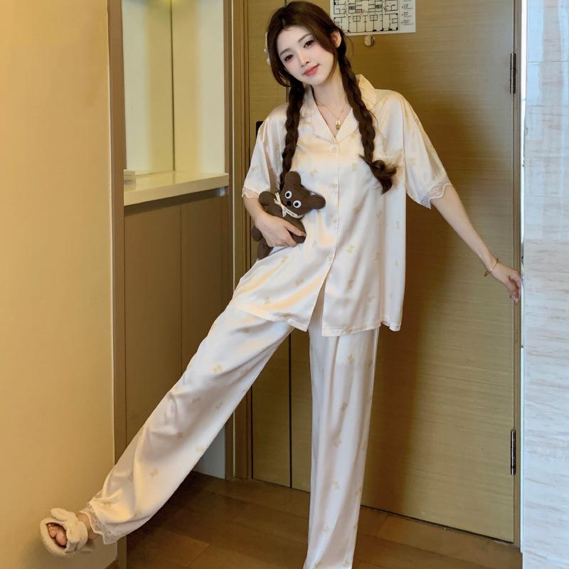 Women's Ice Silk Pajamas - Summer Cute Bear Design, Cartoon Style, Short Sleeve, Long Pants, High-End Feel, Homewear
