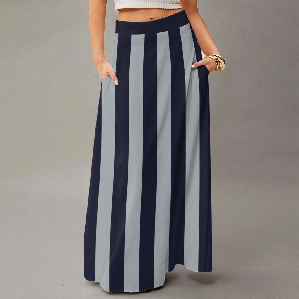 Women's Casual Leisure Foldable Striped Plaid Print High Waist With Pocket Draped  Relaxed Long Maxi Skirt