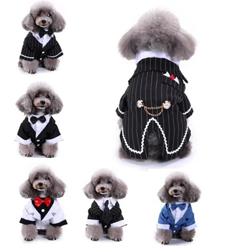 Cute Striped Dog Tuxedo Tailcoat Wedding Outfit Gentleman Pet Suit with Bow Tie for French Bulldog Halloween Costume