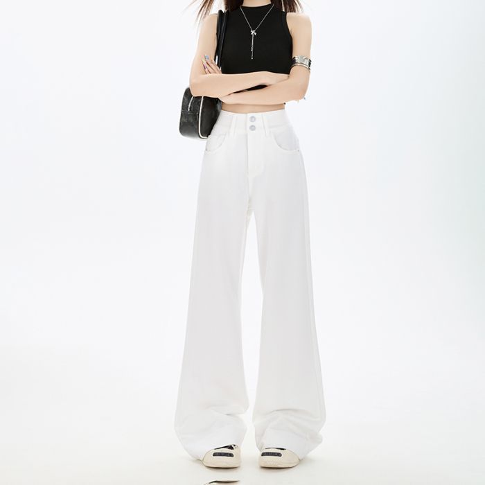 Spring Summer Wrinkle Resistant Four Way Stretch Non Cling Double Button Micro Flare Wide Leg Denim Pants Ladies Casual Pants Oversize Denim Trousers