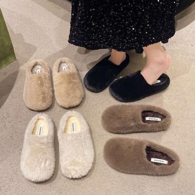 Koreanische Version von Lammwollpantoffeln Damen 2025 Winter neu Oberbekleidung Flachboden Lazy Samt Tasche Kopf Halbschuhe