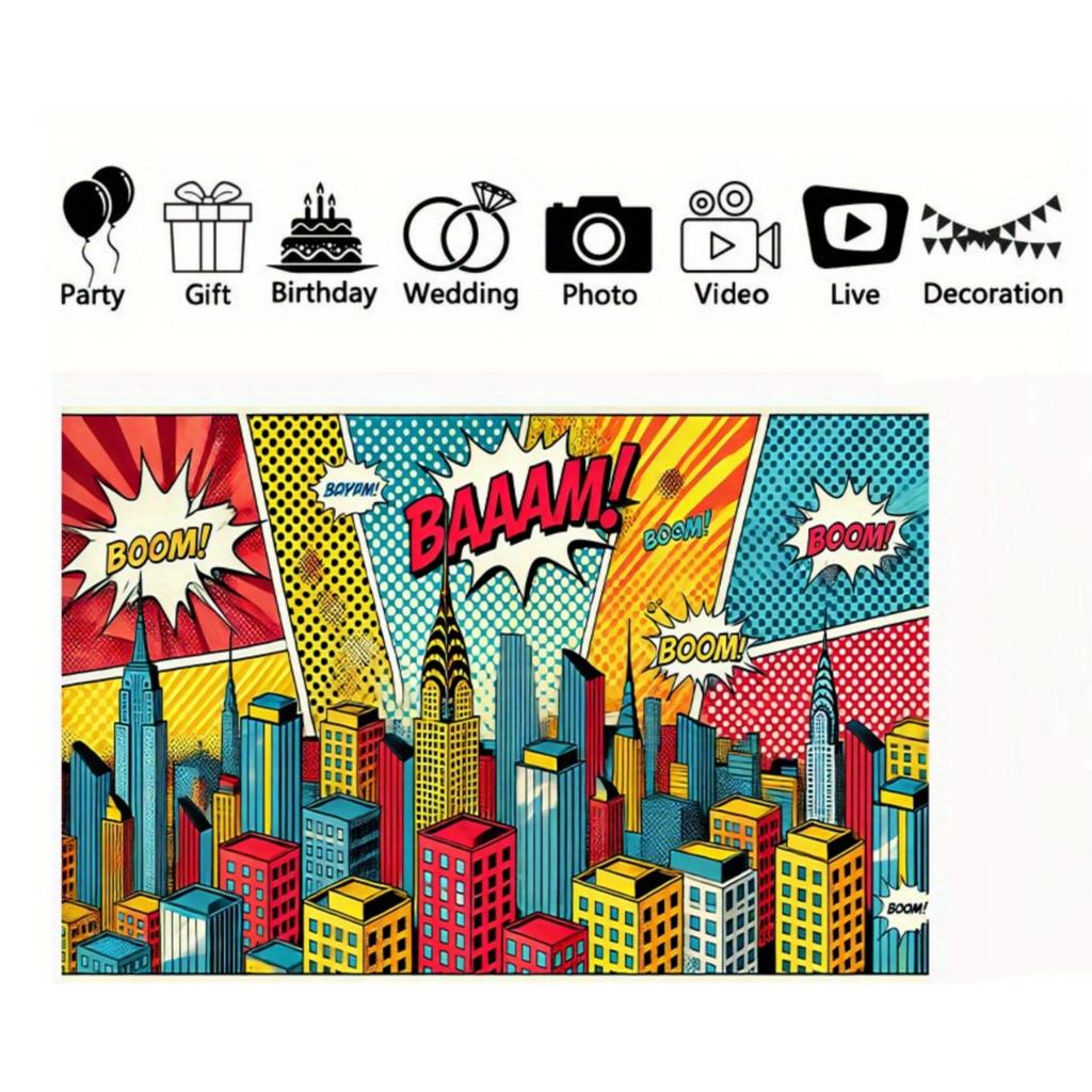 BOOM WOW Comic City Tapestry Pop Art Style Wall Hanging for Birthday Decor Dorm Living Room High Quality 2D Flat Print Design