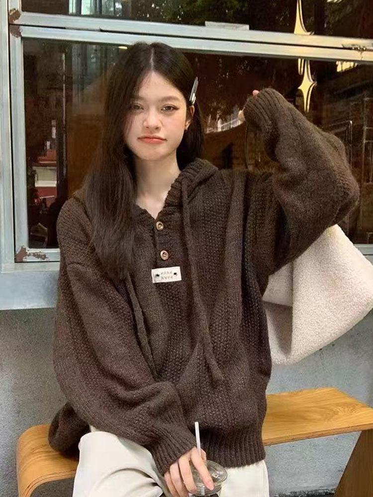 White Hooded Women's Sweater - Autumn/Winter 2025 Korean Lazy Style Wool Knit Top