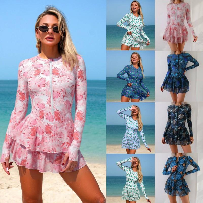 Womens Long Sleeve Modest Swim Dress With Floral Print UV Protection Swimsuit
