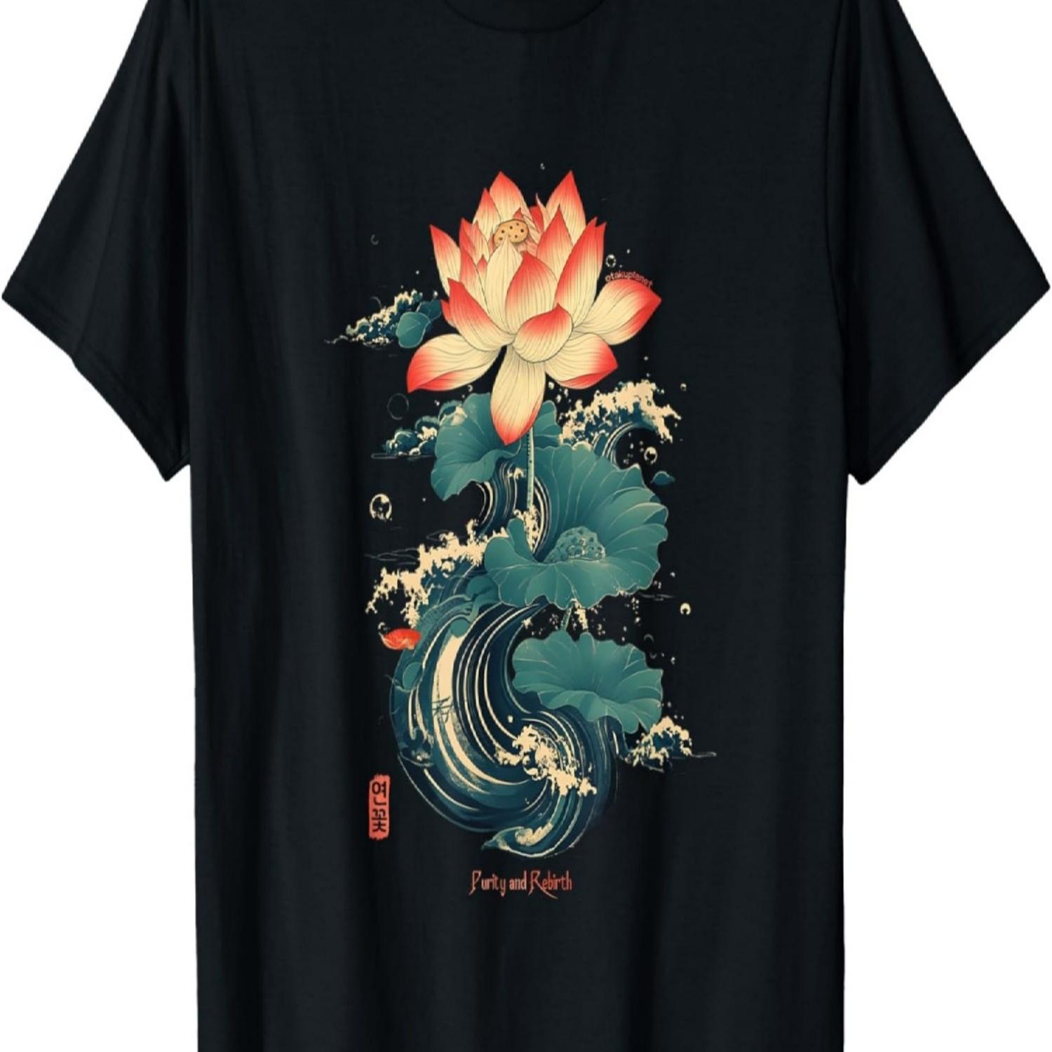 K-Style Streetwear Korean Lotus Flower in Aesthetic Grunge Retro K-pop Flower T-Shirt - Black, Small, Unisex-Adults, Short Sleeve, T-Shirt S чёрный