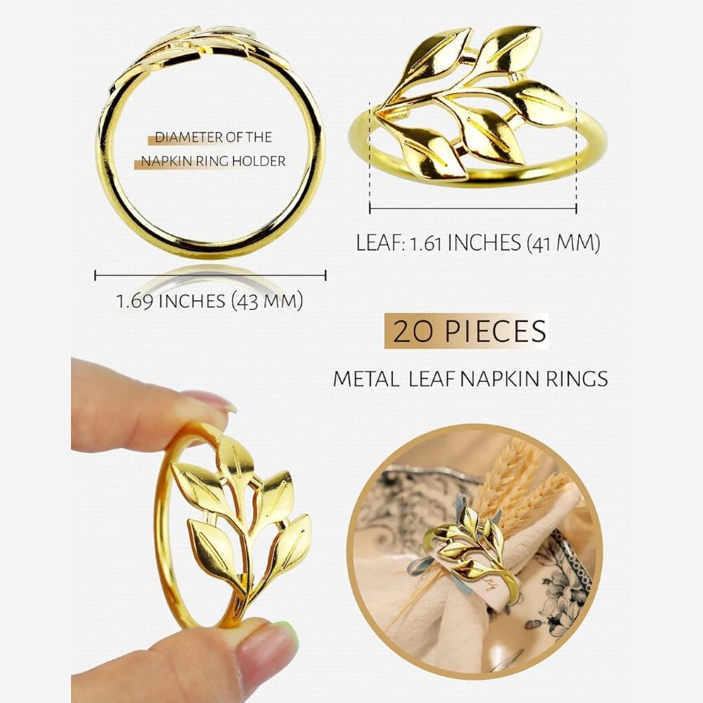 20 Metal Napkin Rings with Leaf Pattern for Table Decoration Napkin Holders Suitable for Weddings For Dinner Parties and Events