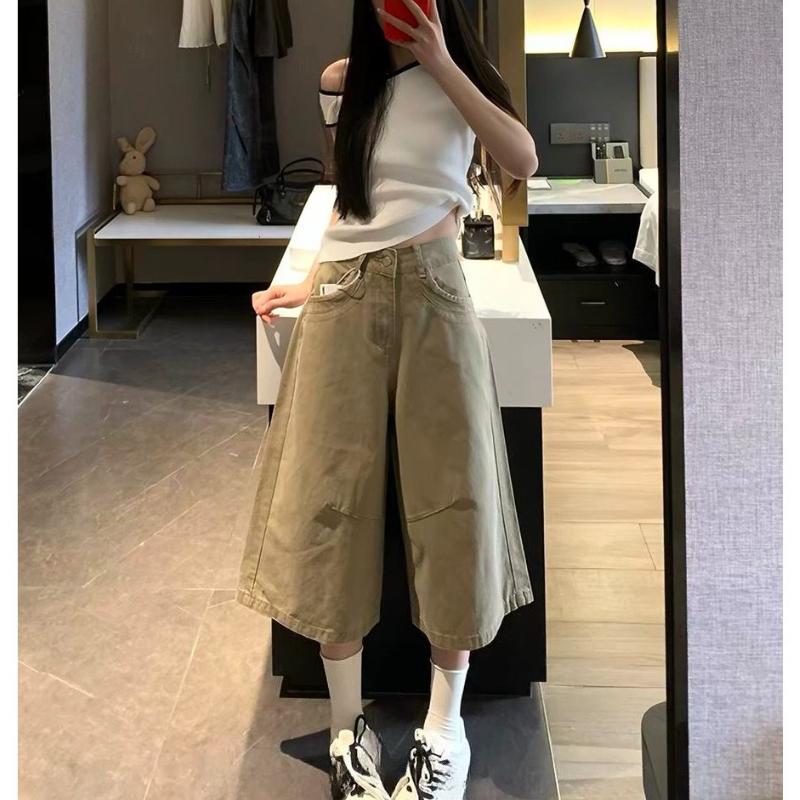American retro khaki seven-point jeans women s summer loose and thin straight wide-leg medium pants shorts All Match Summer Women Denim S
