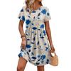 Women's Short Sleeve Floral Print Casual Dress Round Neck Waist Tie with Pockets Lightweight Summer Dress for Daily Wear