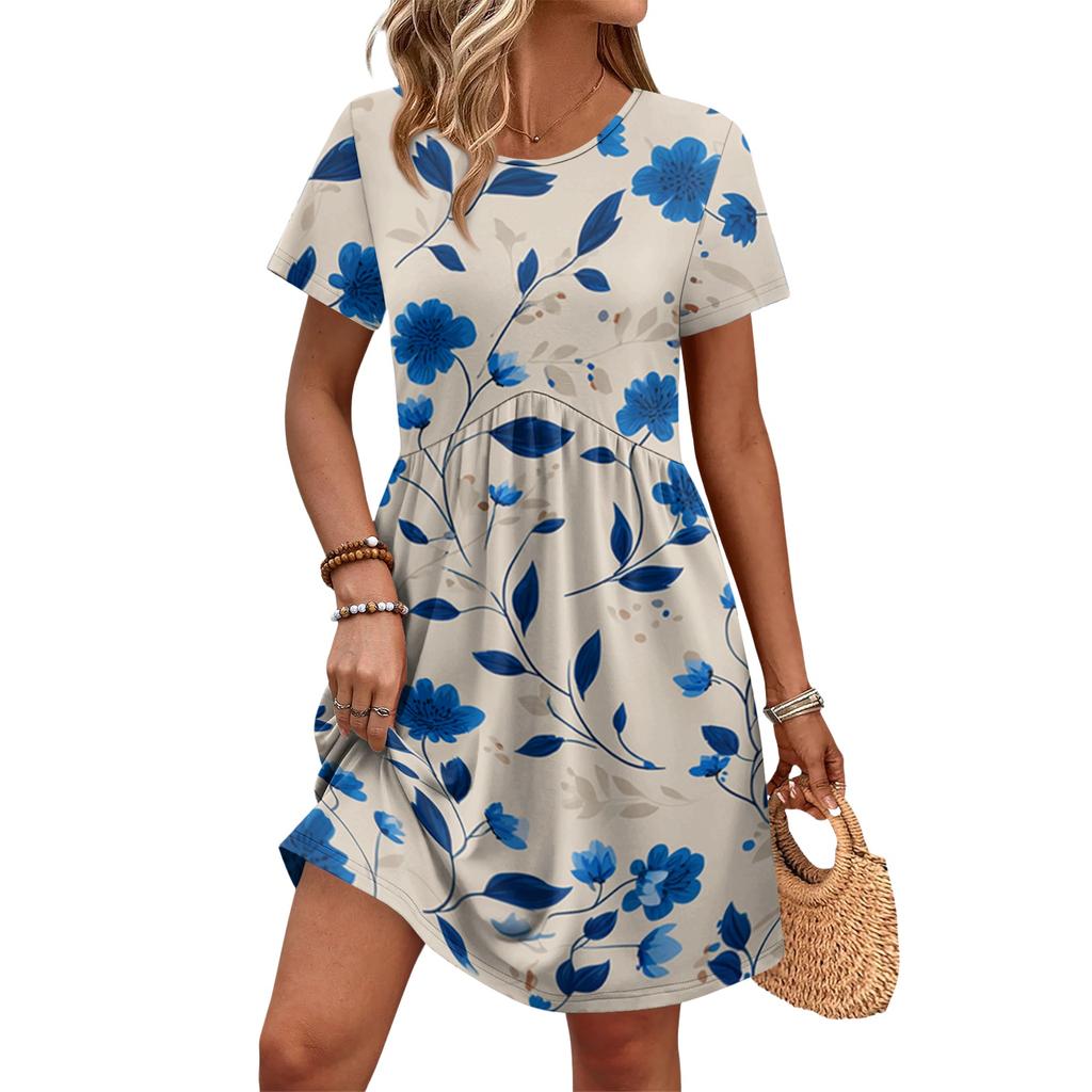 Women's Short Sleeve Floral Print Casual Dress Round Neck Waist Tie with Pockets Lightweight Summer Dress for Daily Wear