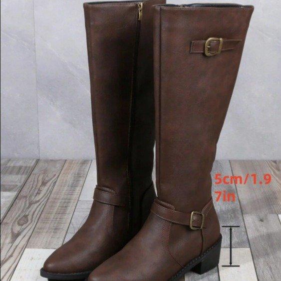 European and American style knight boots new women's square root European and American tall knight boots belt buckle solid color thick heel