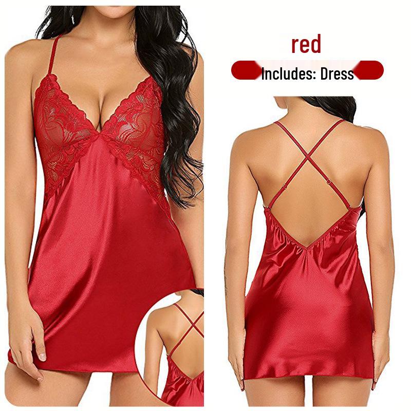 

Європейський та американський набір нічної сорочки з мереживом на спині з льодяного шовку - D5074 Medium