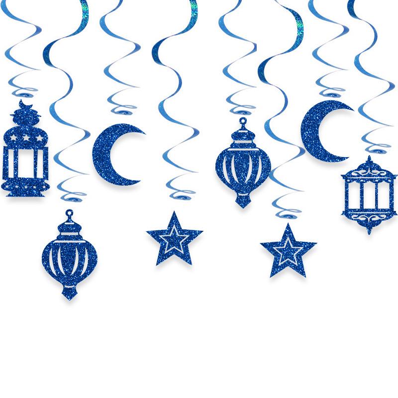 Spirálové ozdoby z hvězd a měsíce ve tvaru blízkovýchodních luceren pro dekorace k svátku Eid