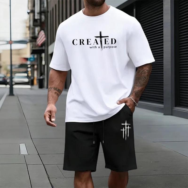 JESUSKREUZ Aufdruck T-Shirt und Shorts Sommer Neu im Herren Set Urban Lässig Mode Kurzarm Sportbekleidung Zuhause Outdoor Outfits