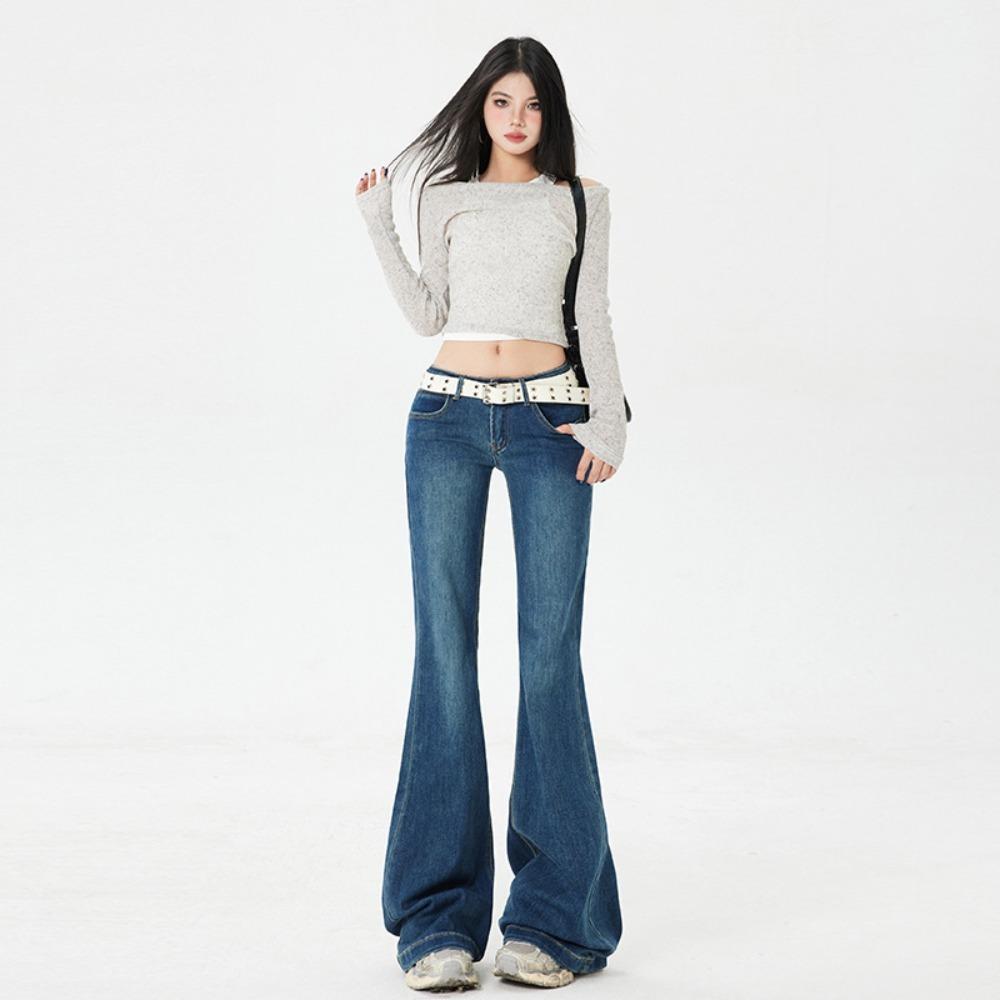 Women's Low Rise Flare Jeans Loose Bootcut Solid Denim Pants Two Length Micro Stretch American Casual Trousers
