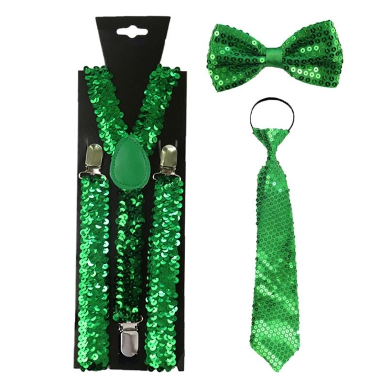 

Mens Womens Solid Glitter Sequins Bowtie Necktie and Classic Shirts Suspender Set Halloween Christmas Party Costume зелёный