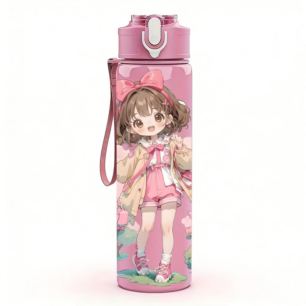 1PC Pink Dress Girl Bow Hair Decor Pattern 750ml Color Plastic Sports Water Bottle Leakproof Flip Straw Lid Suitable for Sports Office Home Use