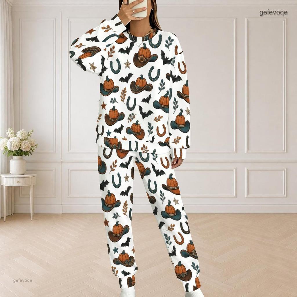 Women Plus Size Round Neck Long Sleeve Halloween Cactus Print White Two Piece Loungewear Set