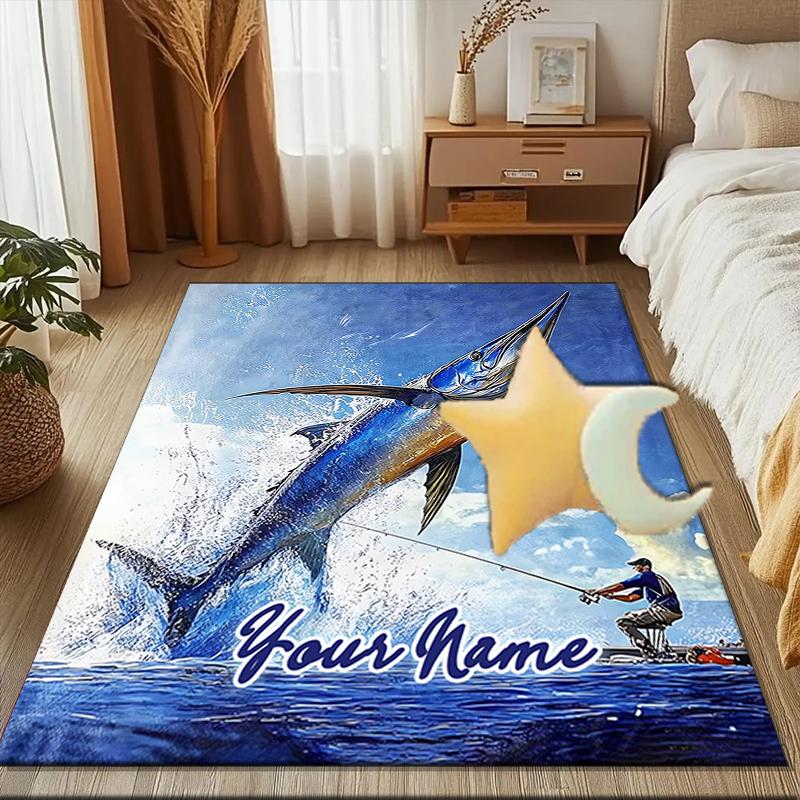 1PC Custom Name Swordfish Catch Adventure Theme Floor Mat Ideal for Living Room, Game Rooms, Office, Bedroom,Floor Mat Playful Design