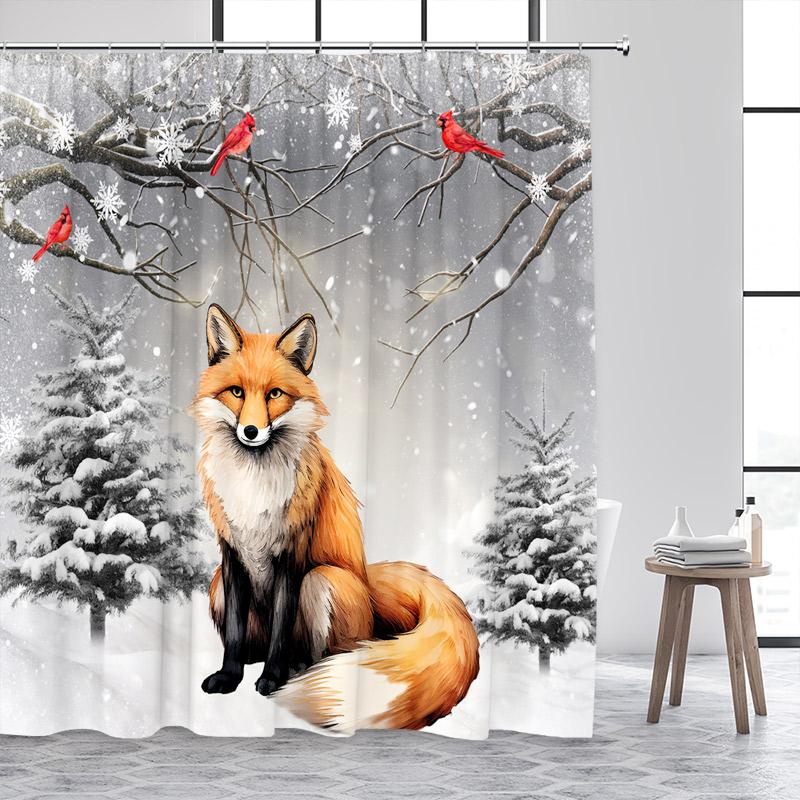 Funny Fox Shower Curtain Autumn Forest Maple Leaves Animal Fall Art Scenery Bath Curtains Fabric Home Bathroom Decor with Hooks