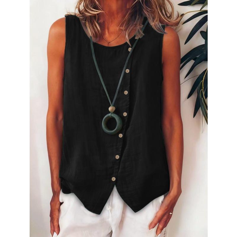 Damen Boho Locker Übergröße Diagonal Knopf Ärmellos Hemd Tanktop