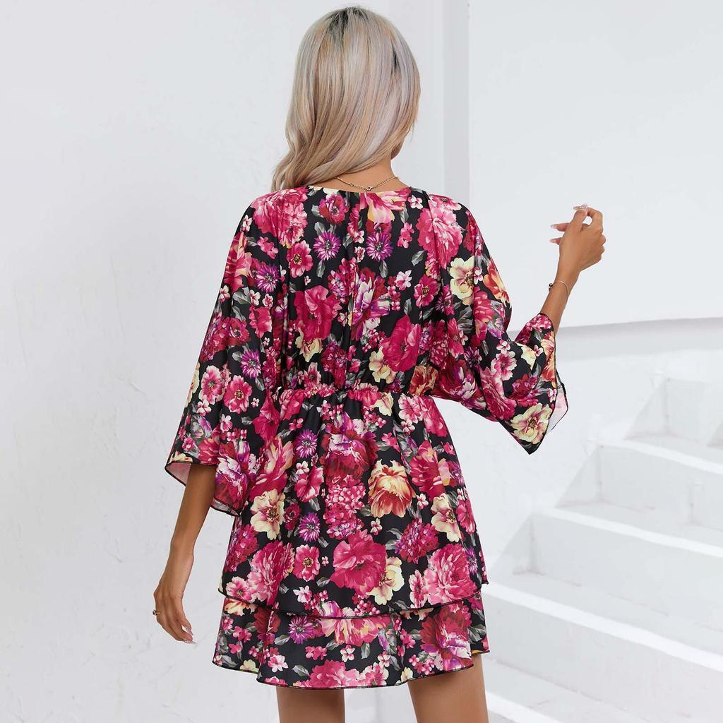 Women's Summer Ethnic Printed Short Sleeve High Waist A Line Lace Up Dress