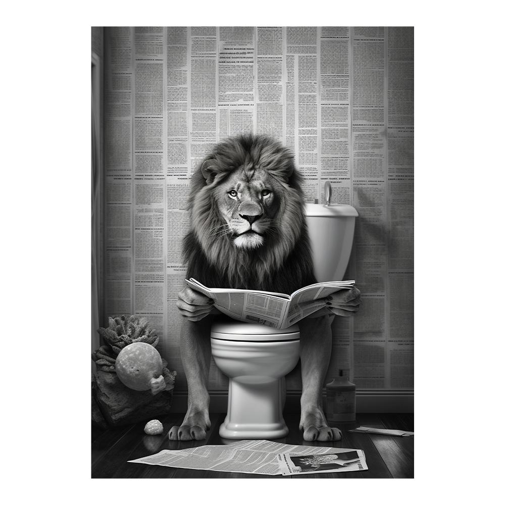Funny Bathroom Lion Sitting On Toilet Reading Newspaper Poster Modern Wall Art HD Picture Canvas Print For Room Home Decor