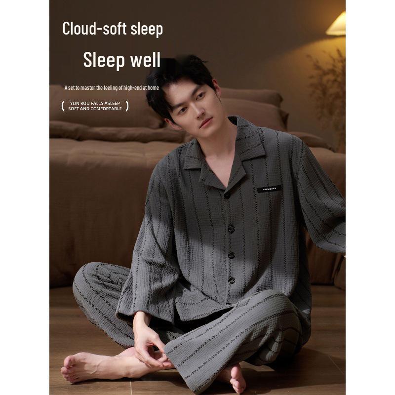 Men's Long-Sleeve Woven Gauze Pajama Set for Spring/Autumn