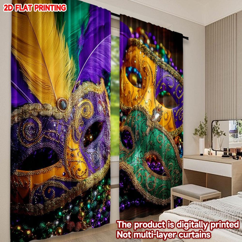 2D Flat Printing 2pcs Curtain Party Curtains Mardi Gras Colorful Masks(1) Digital Printed Polyester Drapes Seasonal Party &