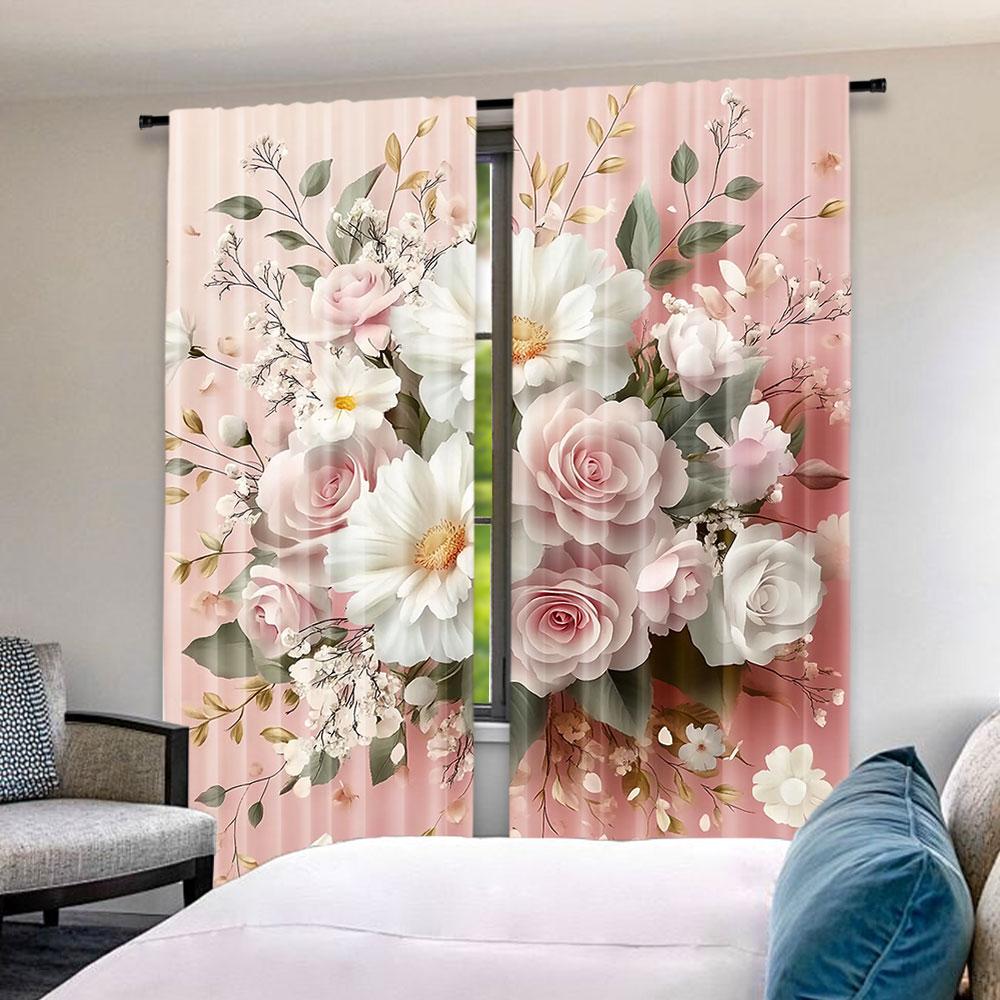 Set Of 2 Floral Curtain Delicate Pink Bouquet Spring Nature Blossoms Romantic Design Suitable Living Room Bedroom Kitchen Polyester Ideal For