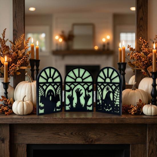 No-assembly Halloween Party Decor Glow-in-the-Dark Table Decoration, Witch Ghost Silhouette Design, Decorations Foldable Luminous Ornament,