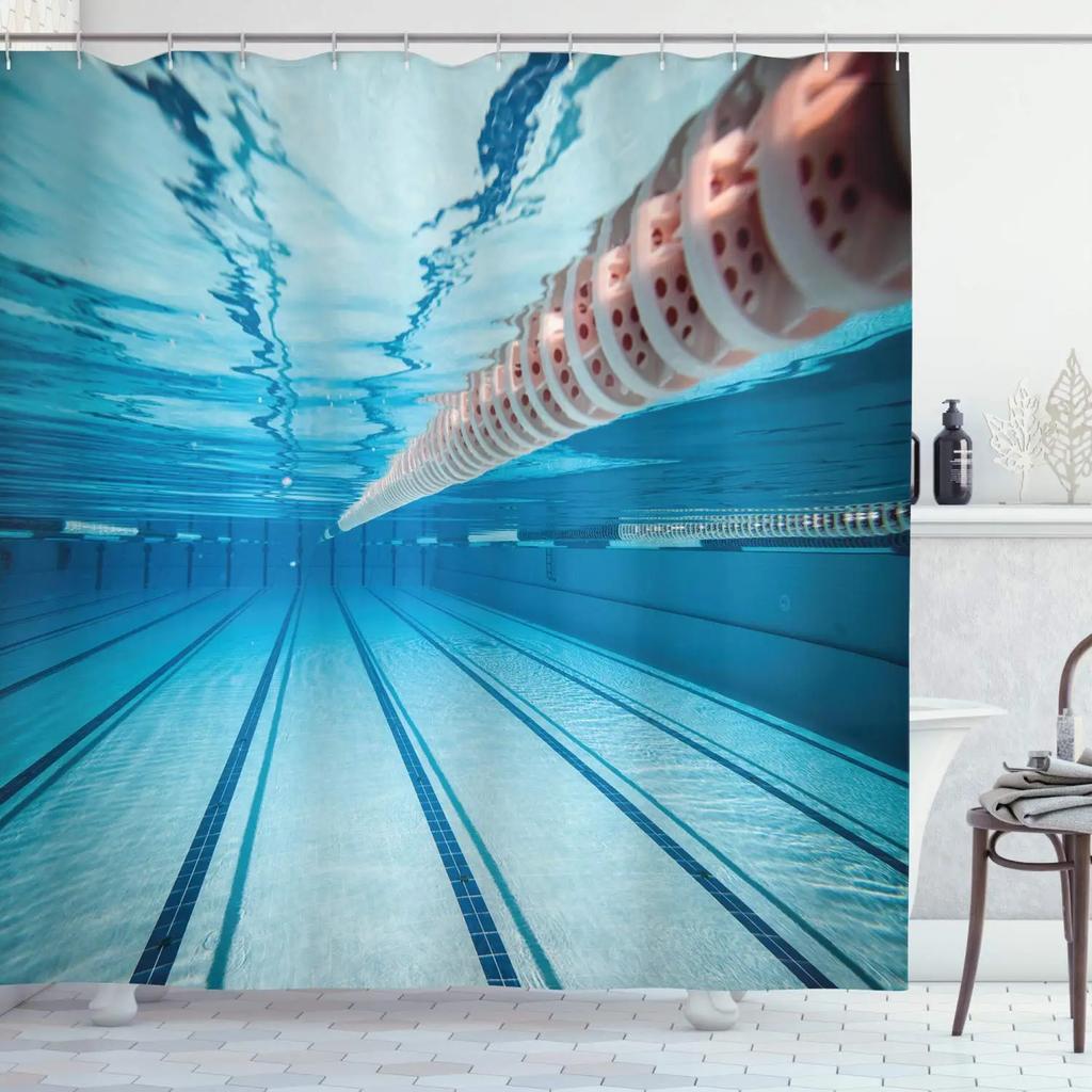Swimming Pool Printed Shower Curtain Exercise Hobby Leisure Activity Theme Waterproof Fabric Bathroom Decor Screen with Hooks