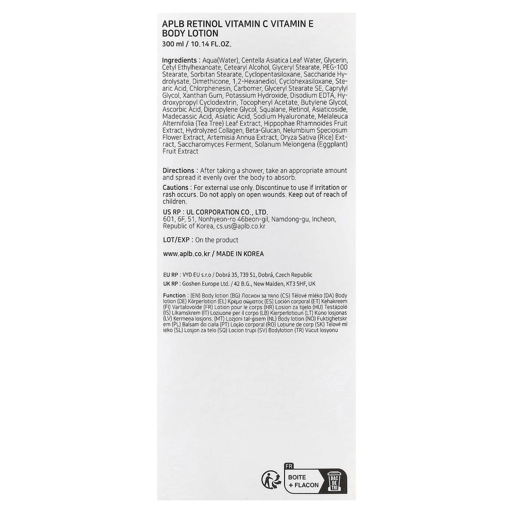 APLB Retinol Vitamin C, Vitamin E Body Lotion, 300ml (10.14 Fl Oz)