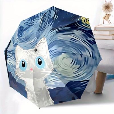 1pc Van Gogh Cat Automatic Open 8-Rib Windproof Umbrella, Travel & Commuting, Suitable for All Seasons