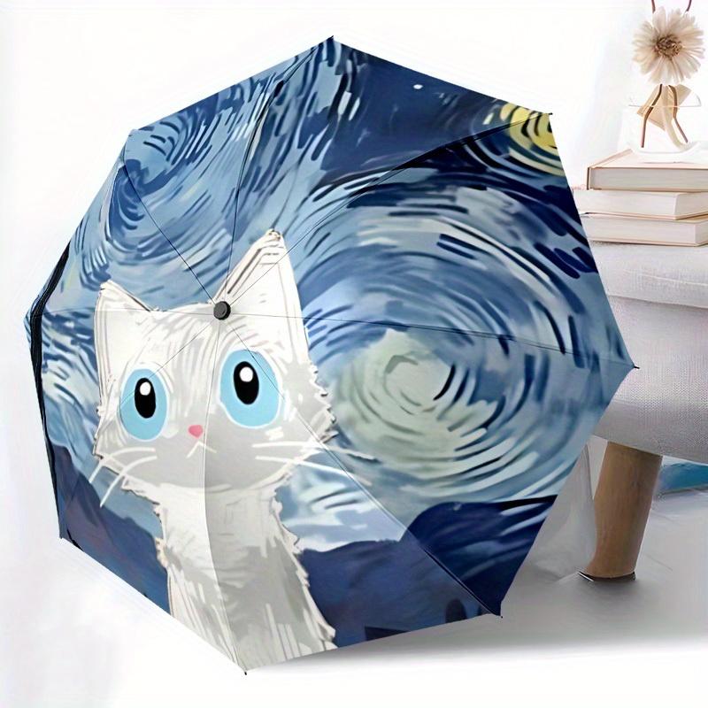 1pc Van Gogh Cat Automatic Open 8-Rib Windproof Umbrella, Travel & Commuting, Suitable for All Seasons