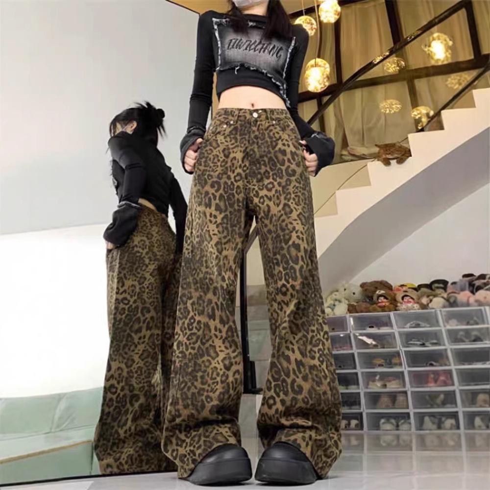 2025 Women's American Retro Leopard Print Jeans - Summer Thin, Casual Wide-Leg Straight Pants for Street Dance