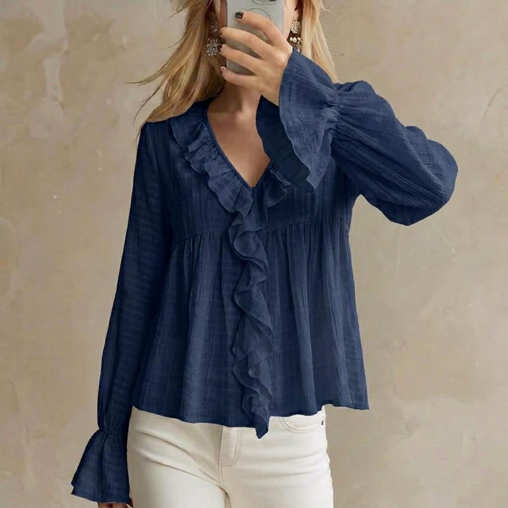Women S Sweet Style Ruffled Flared Long Sleeve Thin Blouse For Summer Autumn Casual Wear